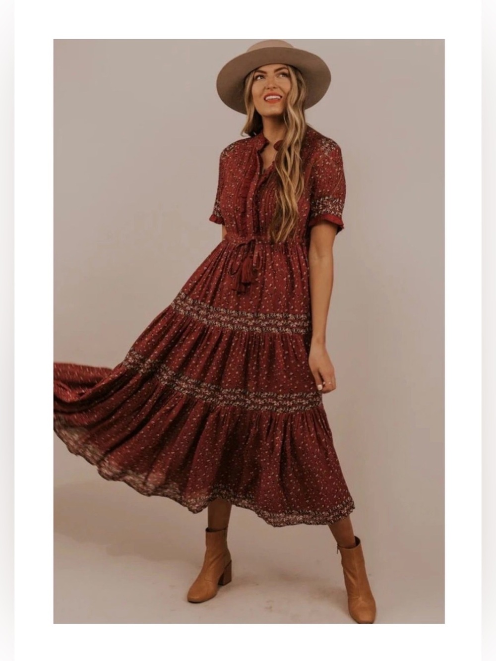 Free People Rare Feelings Burgundy Floral Tiered Maxi Dress with Tie Waist - Picture 7 of 11